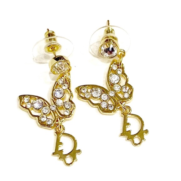VINTAGE DIOR Earrings Butterfly Swarovski Crystal Gold Authentic New - Picture 2 of 4